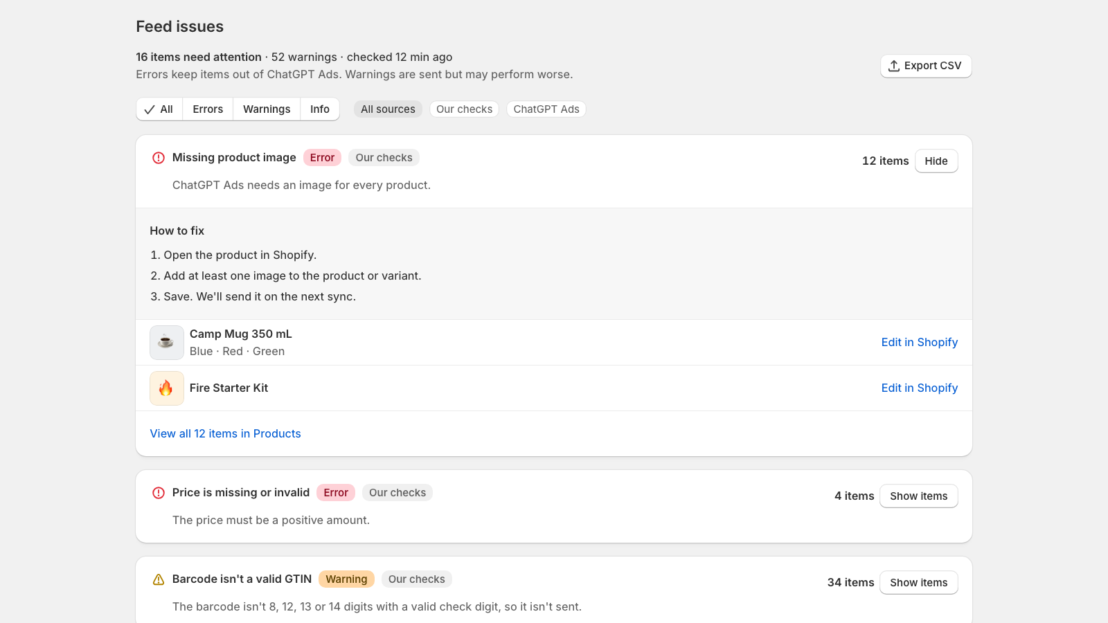 Feed issues grouped by type, with steps to fix and the affected products